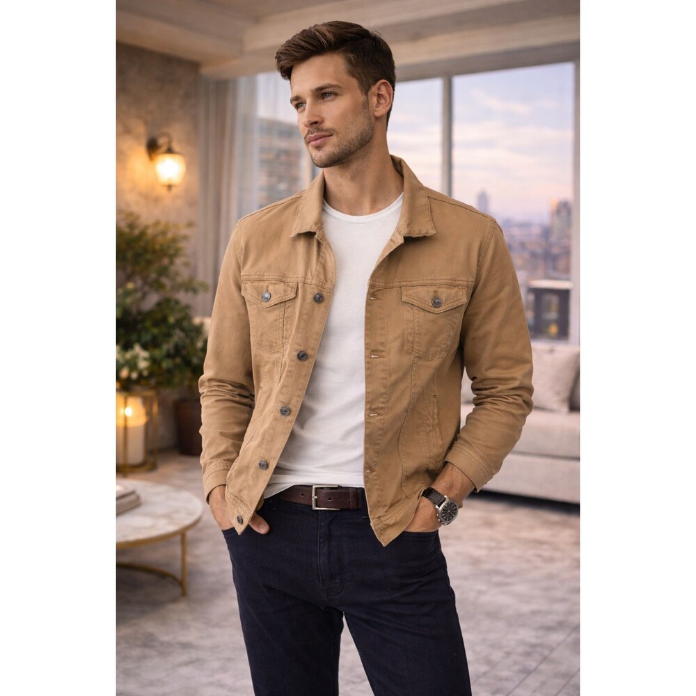 34 HERITAGE Men’s Tan Cotton Stretch Trucker Jacket Button Front XL